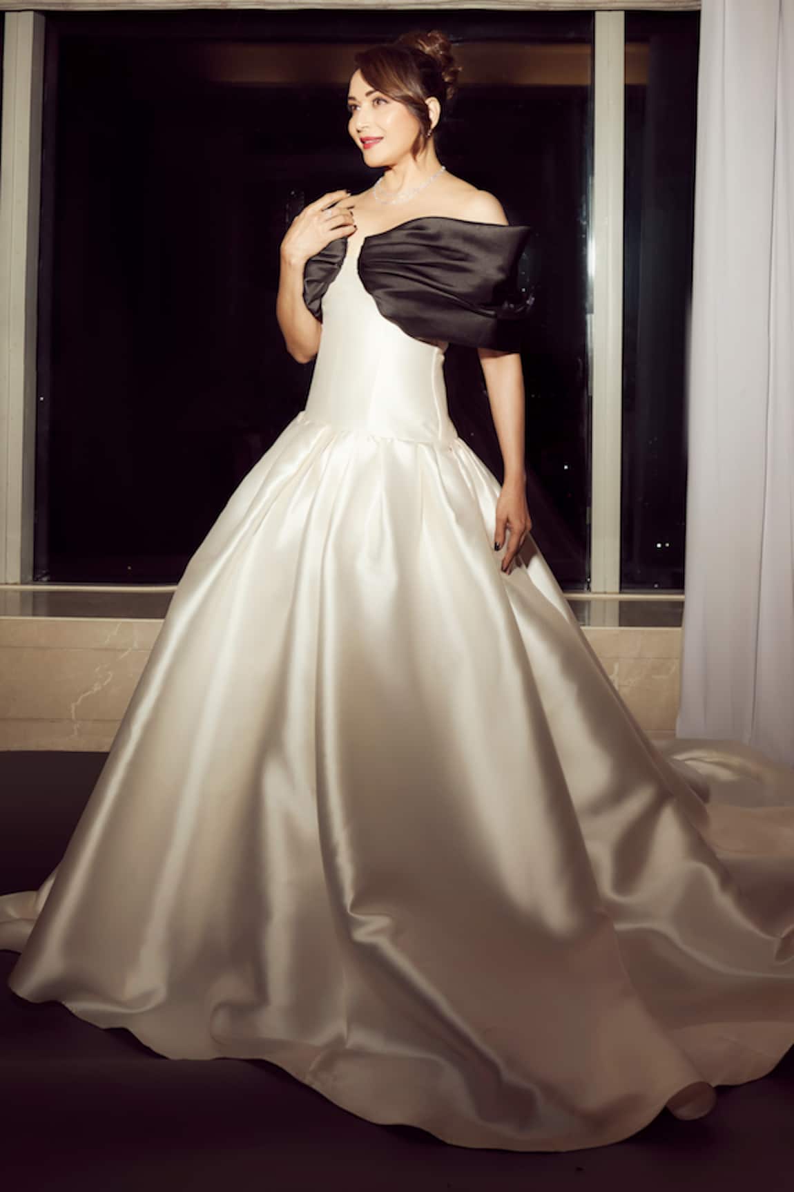 Gauri & Nainika Black & Ivory Off Shoulder Draped Gown