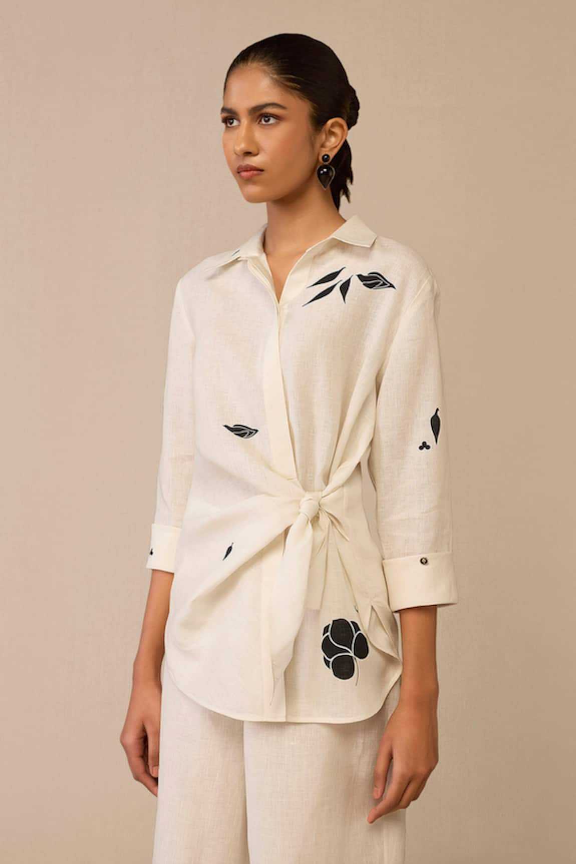 Ampm Ivory Flower Pattern Side Tie Shirt