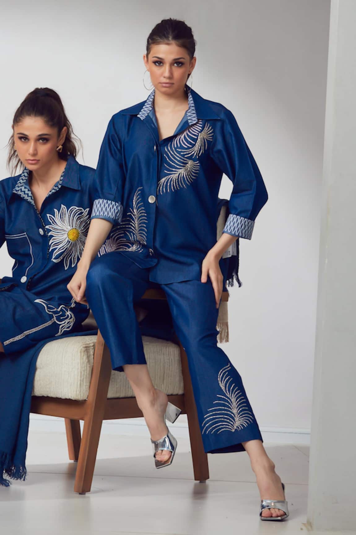 Shagun Nagi The Label Feather Embroidered Denim Shirt & Pant Set