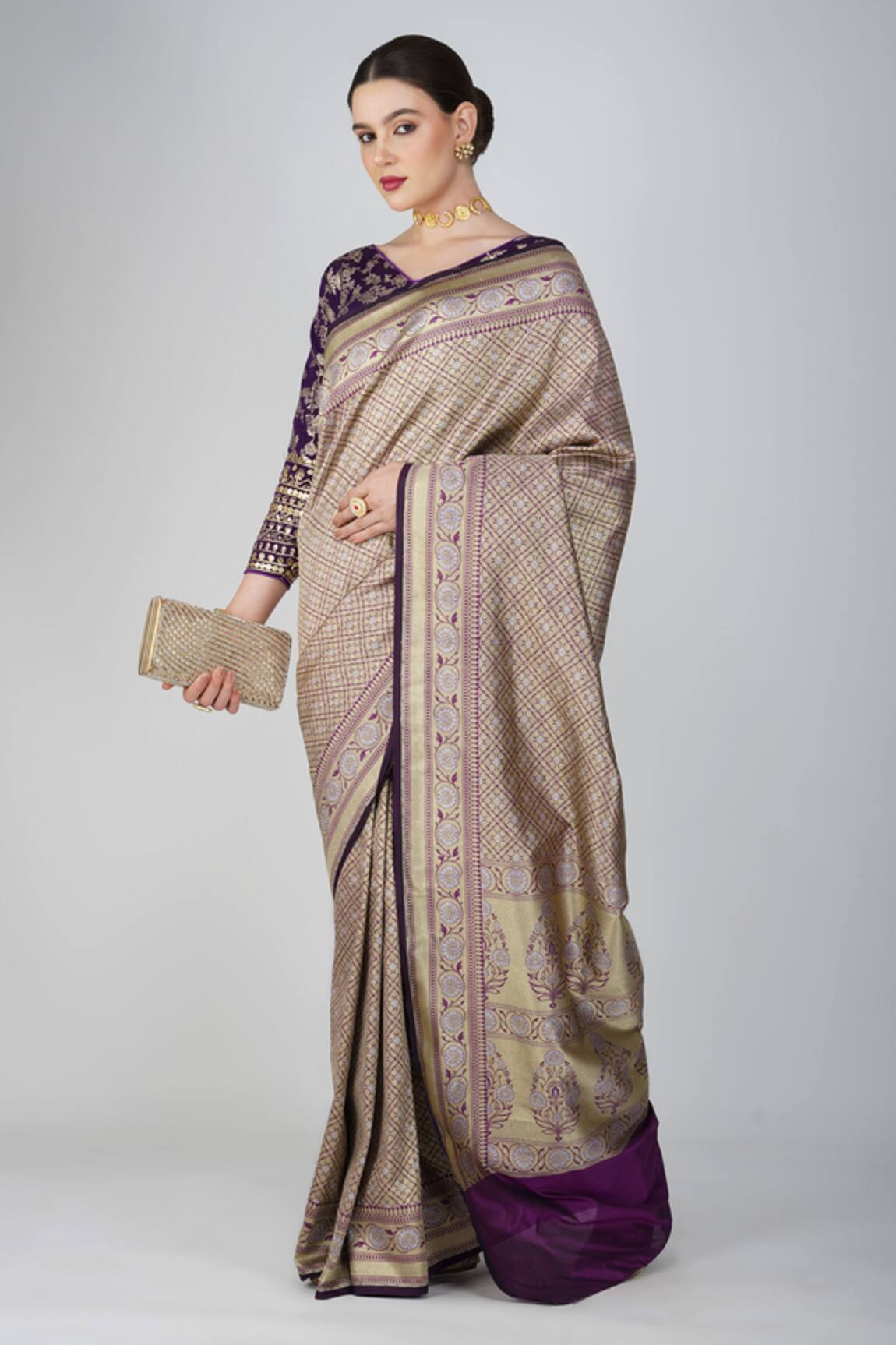 Zal From Benaras Purple Hand Woven Floral Geometric Saree