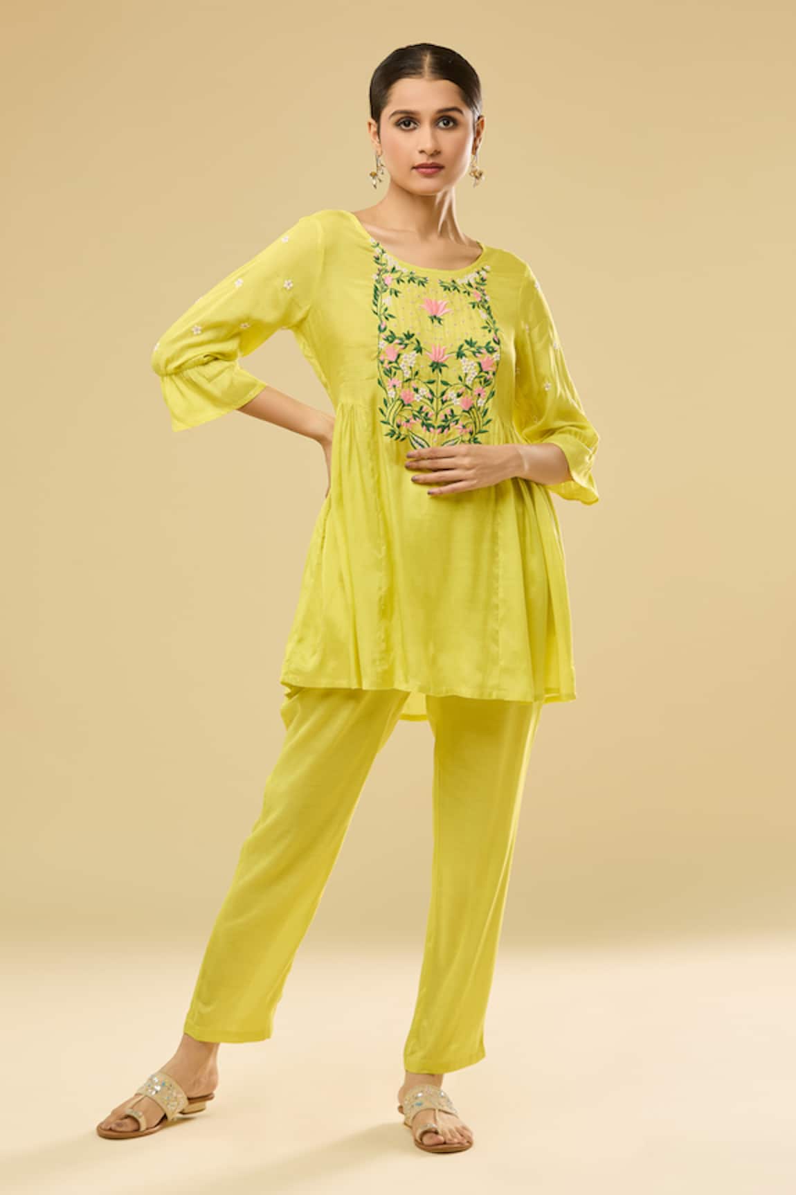 Samyukta Singhania Floral Embroidered Gathered Top & Pant Set 