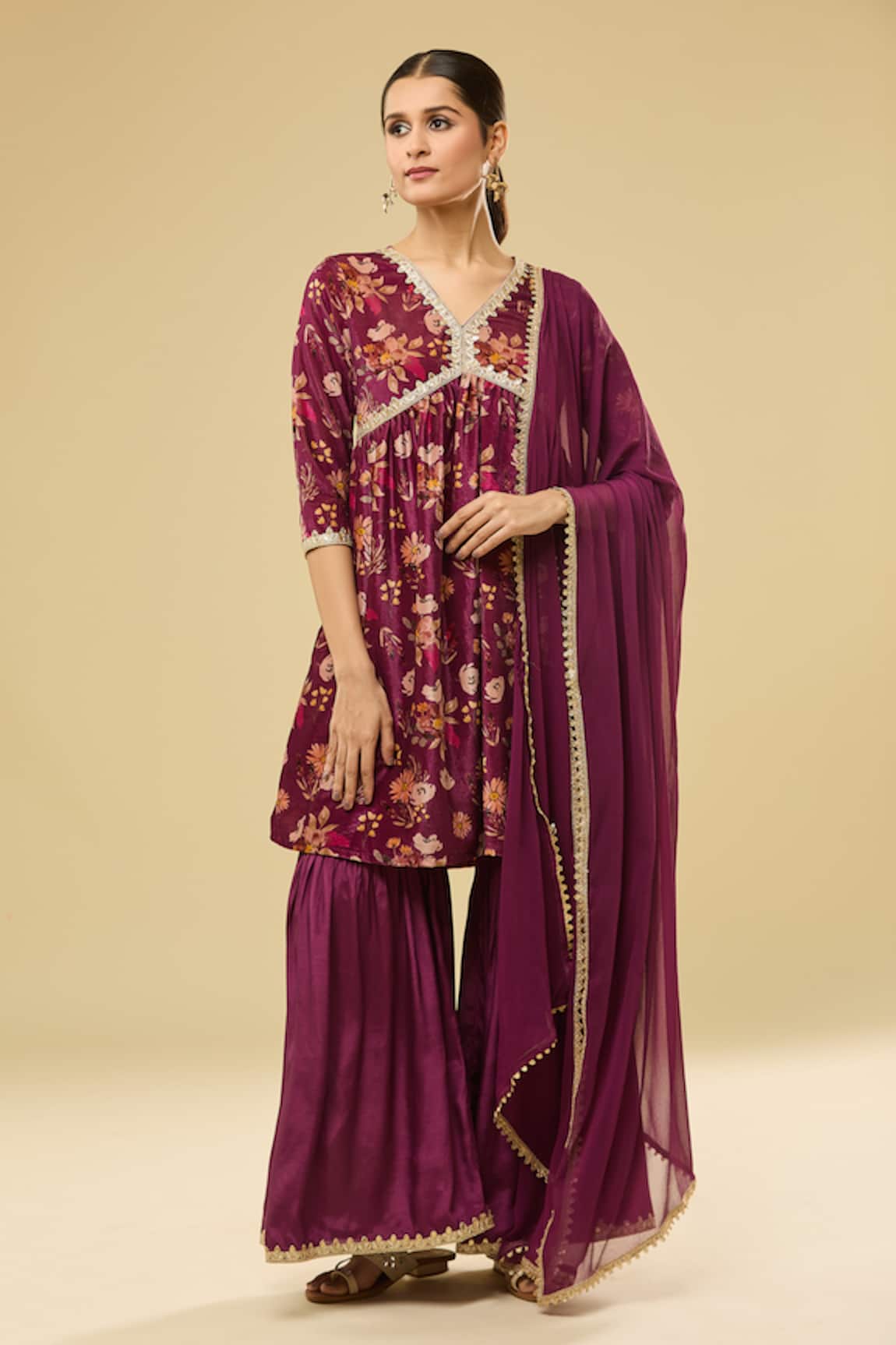 Samyukta Singhania Floral Print Velvet Anarkali Sharara Set 