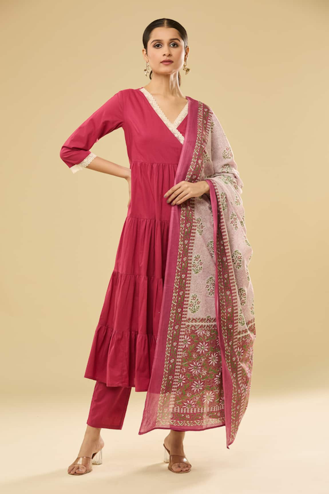 Naintara Bajaj Pink Tiered Angarkha Set with Floral Dupatta 