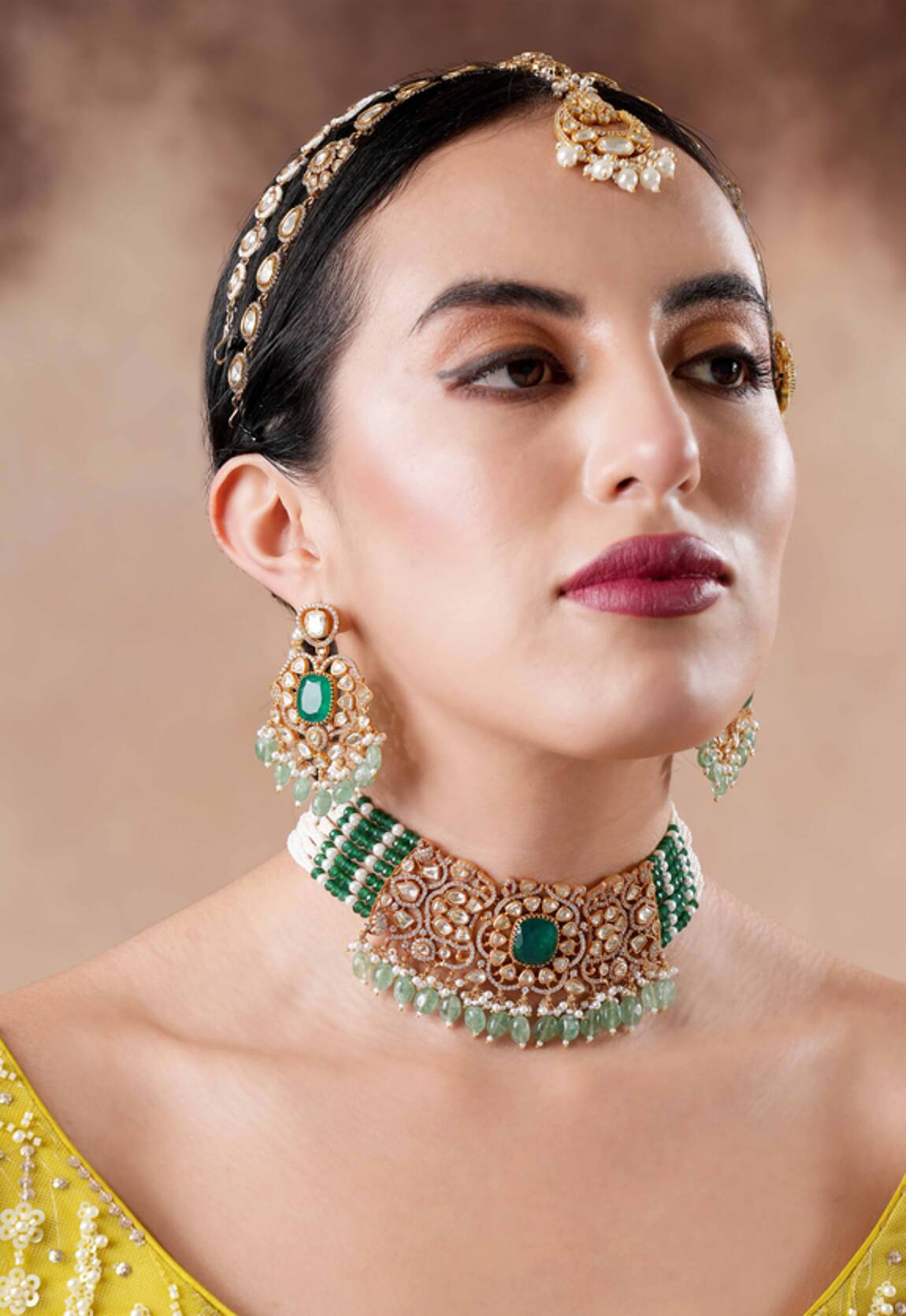 Ekathva Jaipur Emerald Green Moissanite Polki Choker Set 