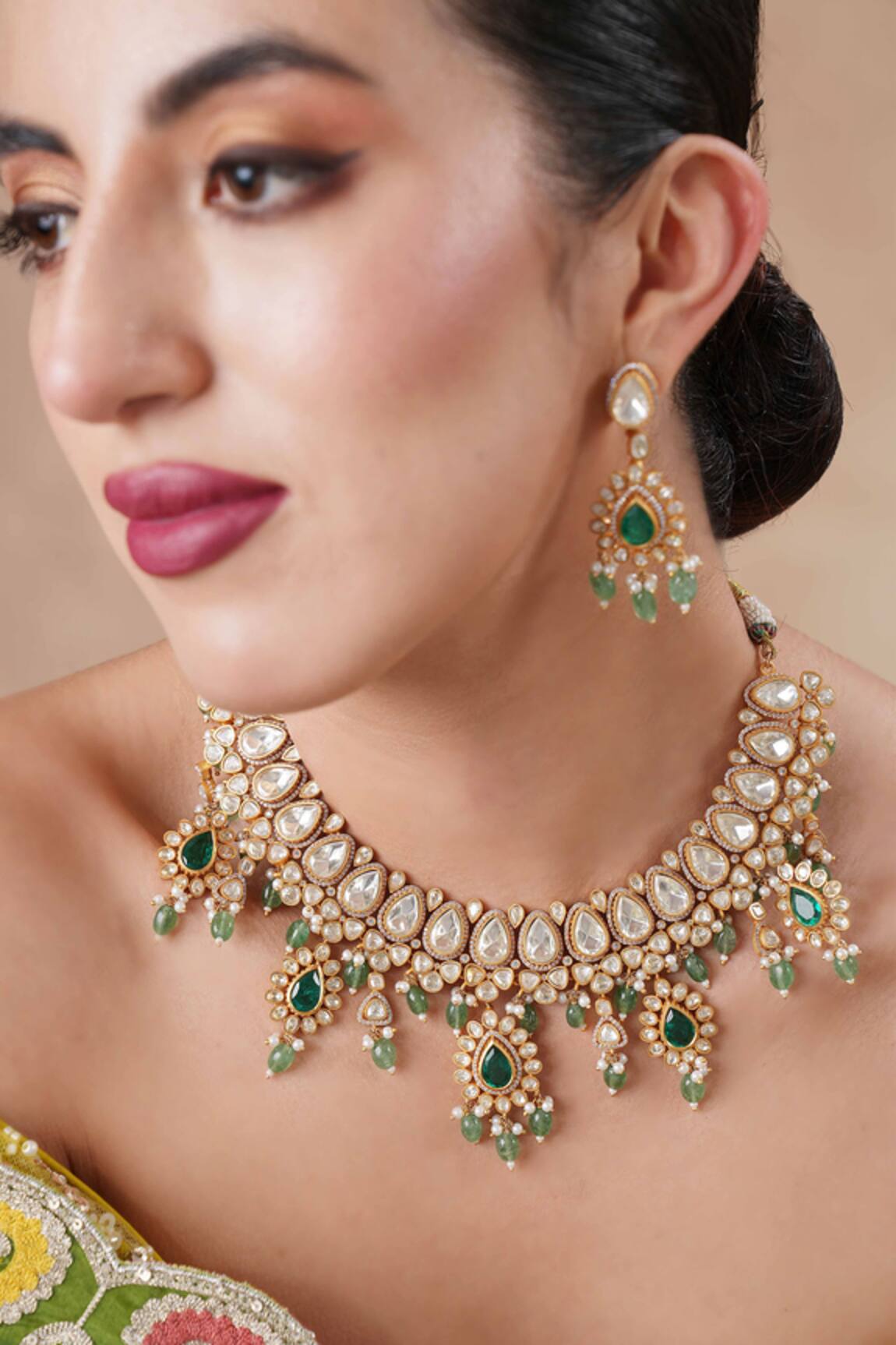 Ekathva Jaipur Emerald Green Moissanite Polki Choker Set 