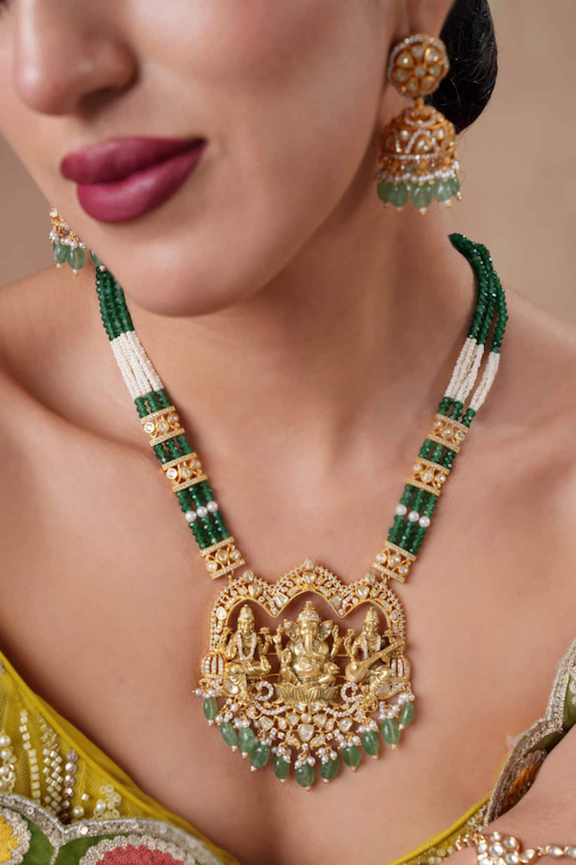 Ekathva Jaipur Emerald Green Moissanite Polki Necklace Set 