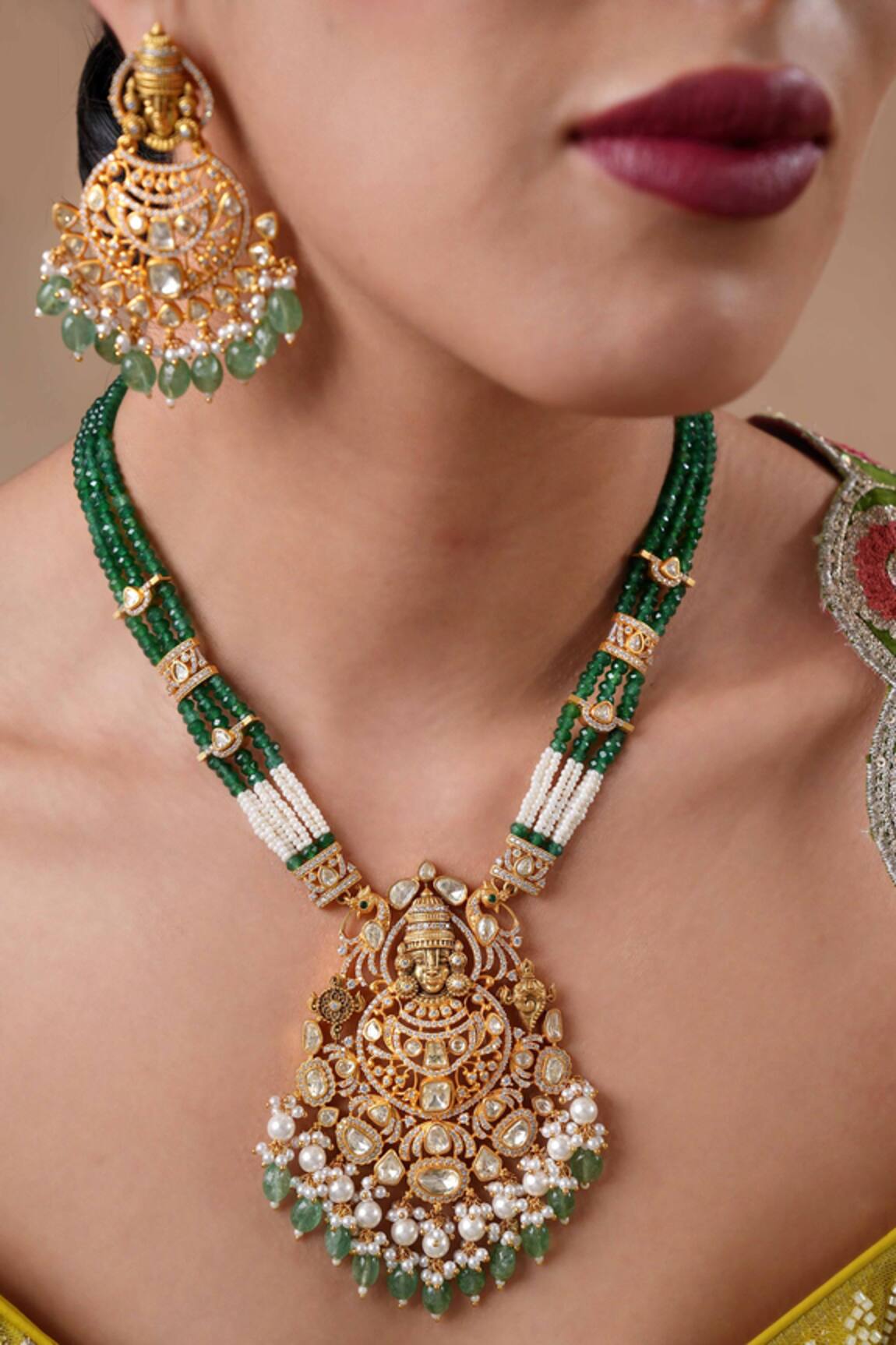 Ekathva Jaipur Emerald Green Pendant Necklace Set 