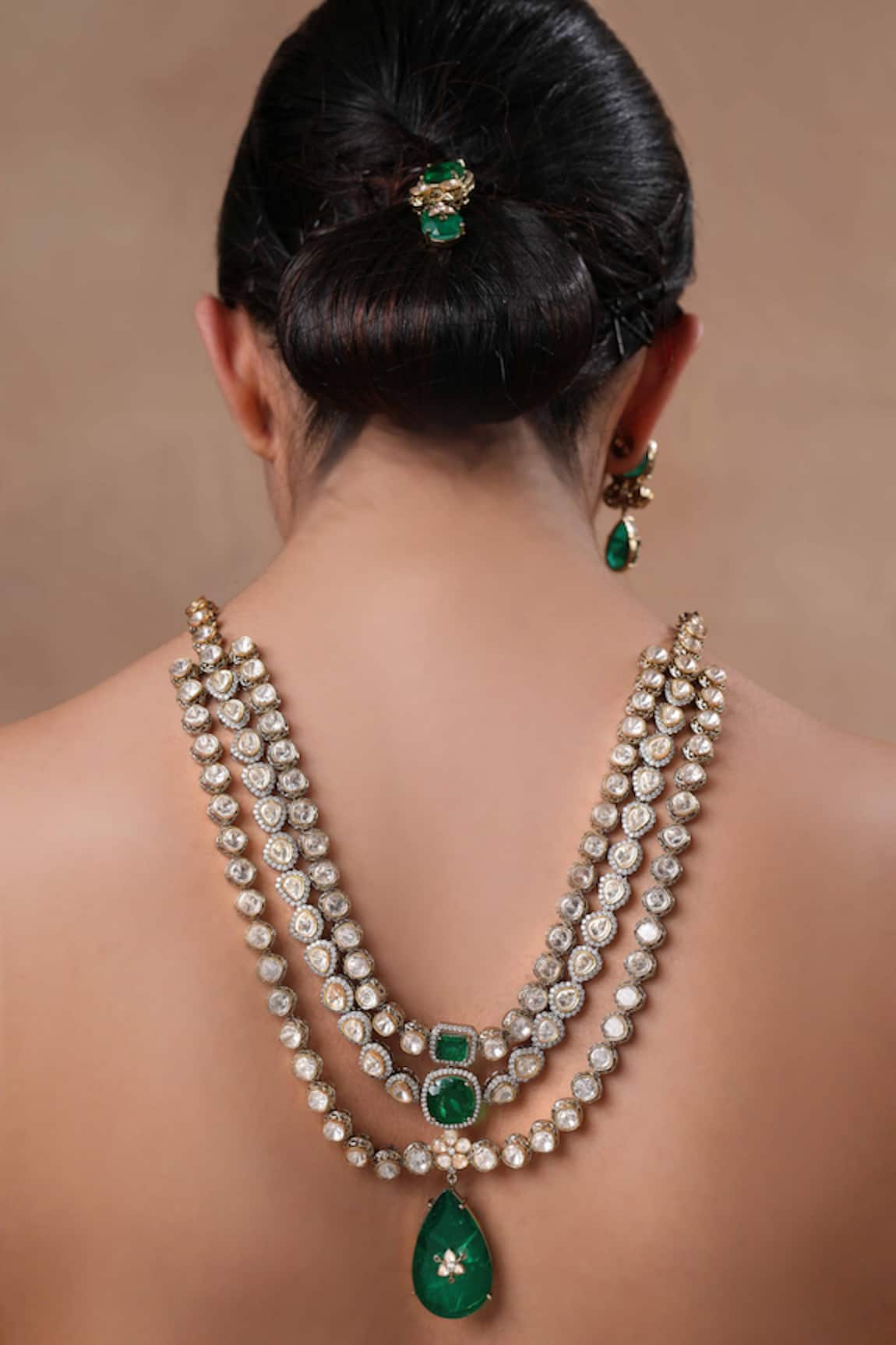 Ekathva Jaipur Emerald Polki Triple Layer Necklace Set 