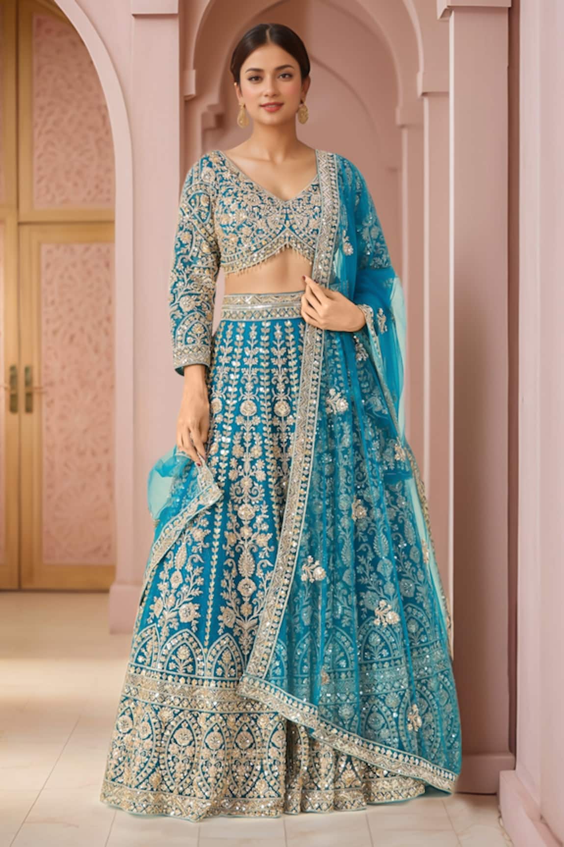 Azeera Cutdana Embroidered Peacock Blue Lehenga Set 