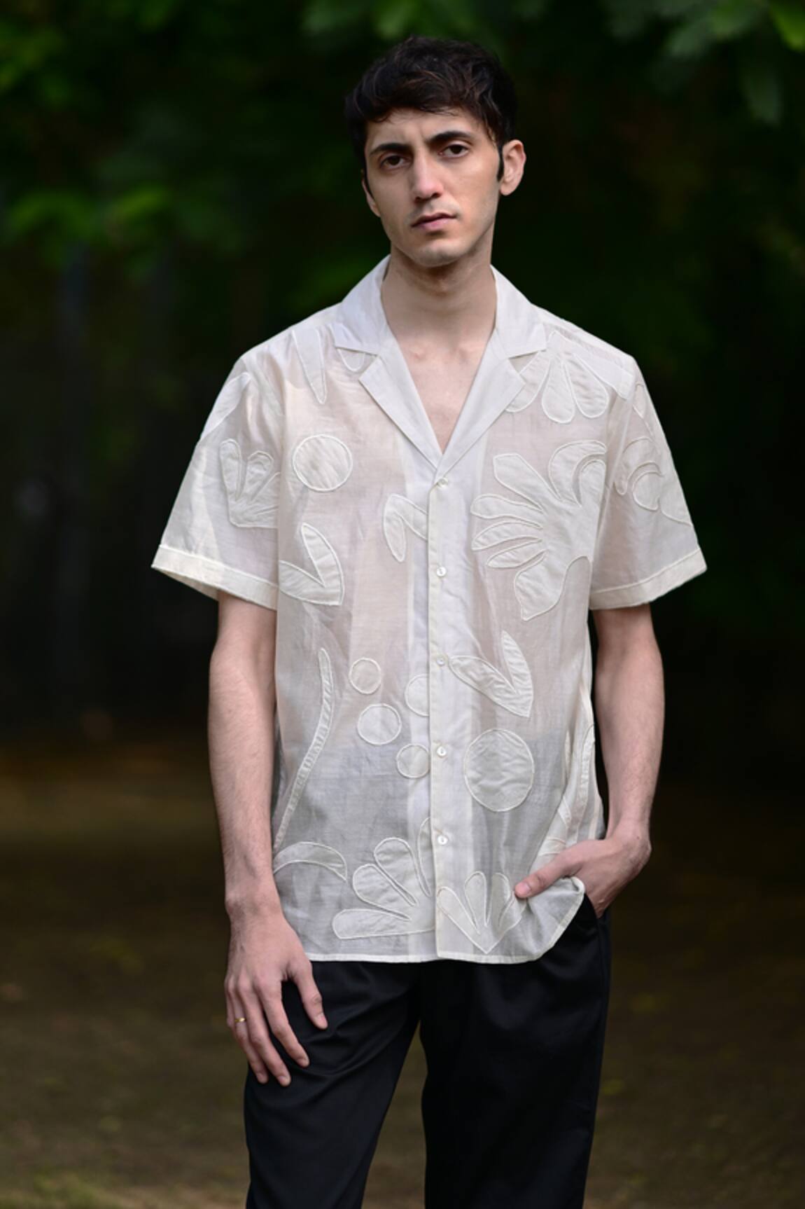 RAAS LIFE Floral Applique Linen Cotton Shirt