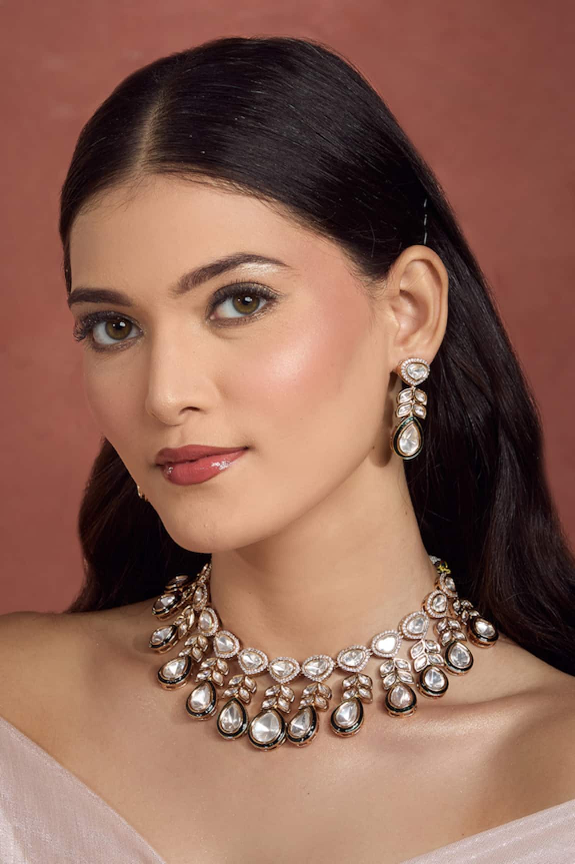 Moh-Maya by Disha Khatri Gold Kundan Moissanite Leaf Necklace Set 
