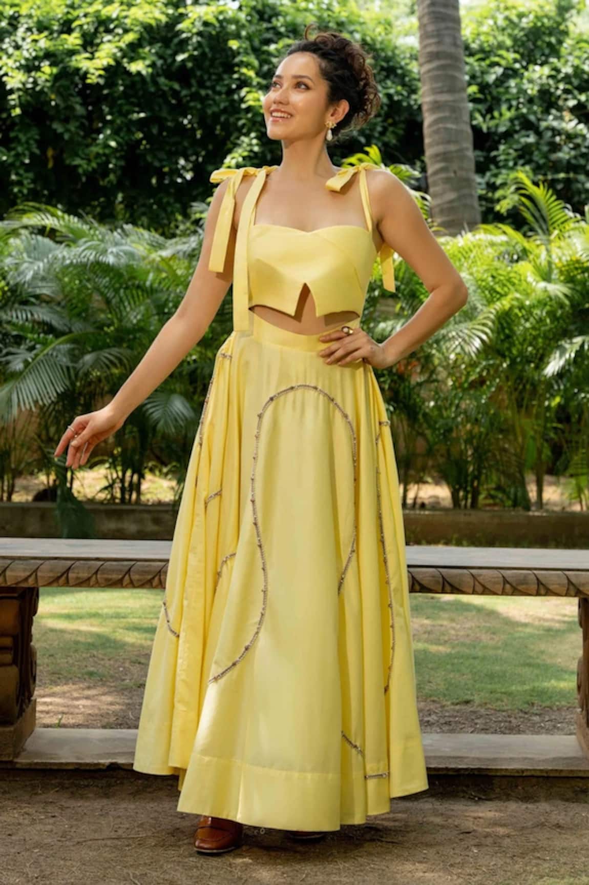 Zilaire Yellow Lace & Pearl Embellished Maxi Dress