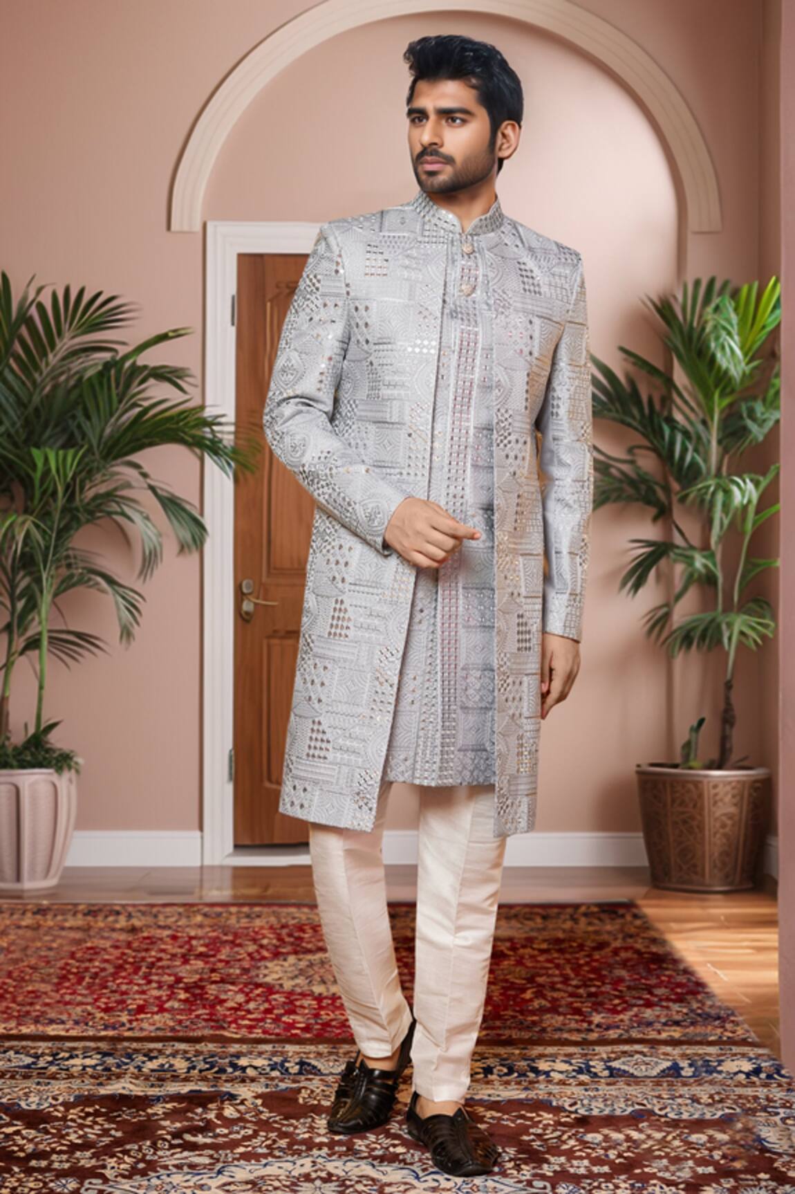 Arihant Rai Sinha Geometric Embroidered Sherwani & Aligadhi Pant