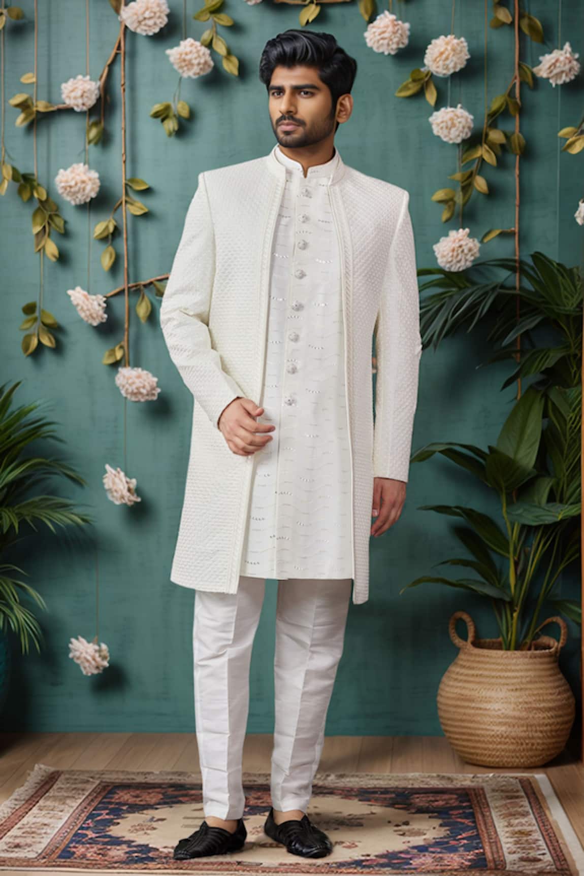 Arihant Rai Sinha Cream Thread & Sequin Embroidered Sherwani Set 