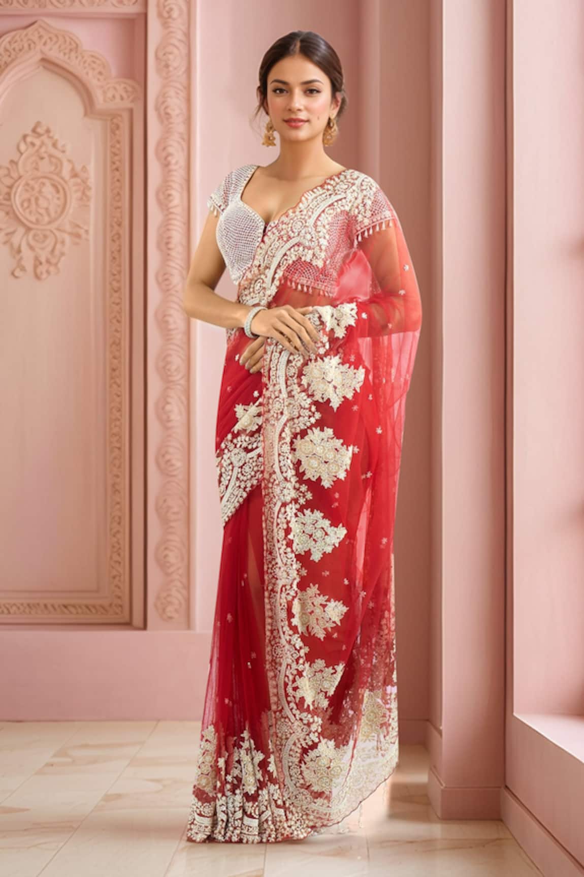 Azeera Floral Scallop Embroidered Saree Set