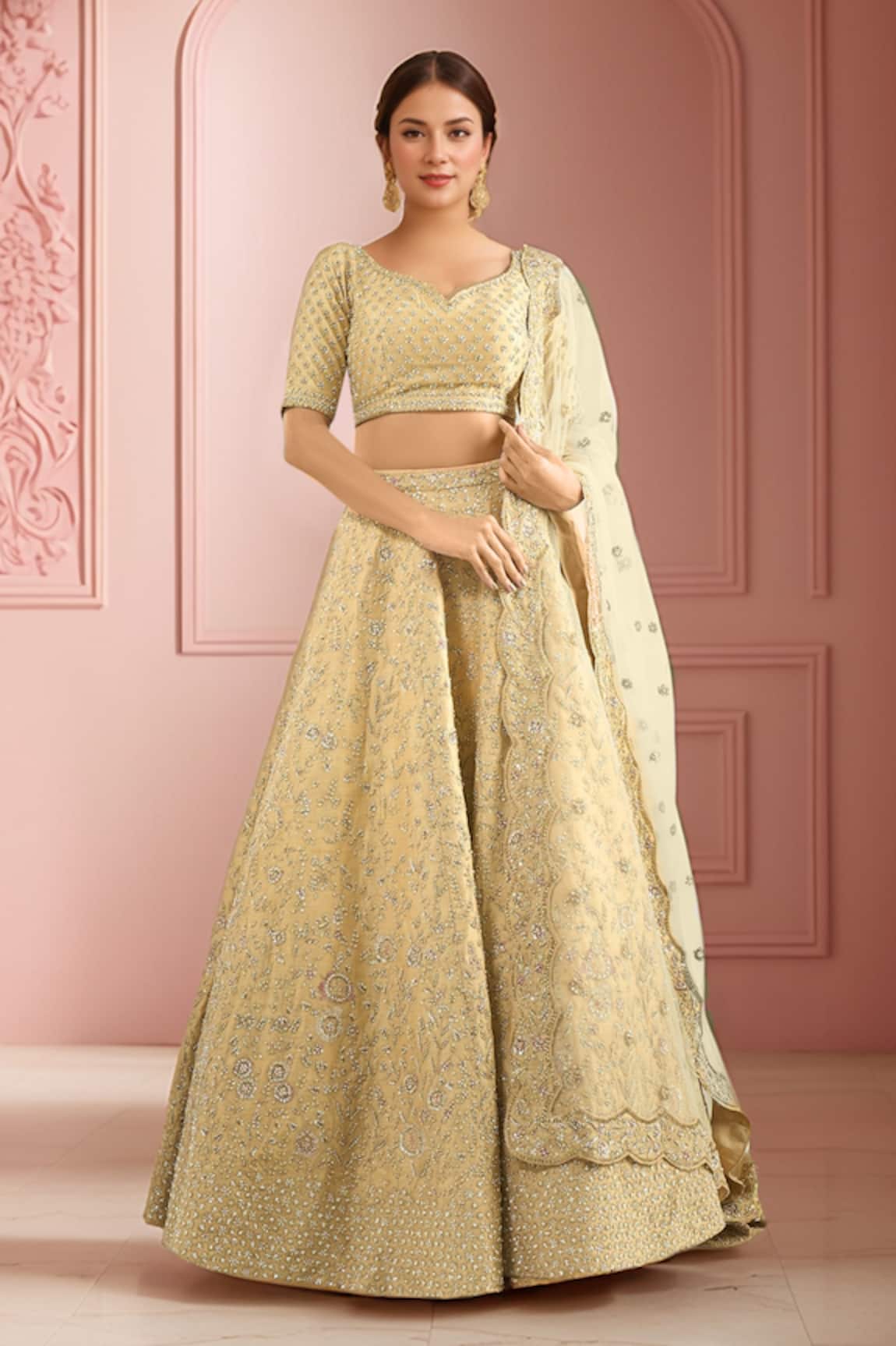 Azeera Floral Embroidered Gold Lehenga Set 