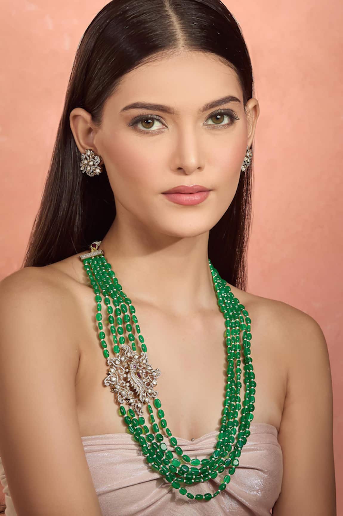Moh-Maya By Disha Khatri Green Bead Moissanite Polki Necklace Set