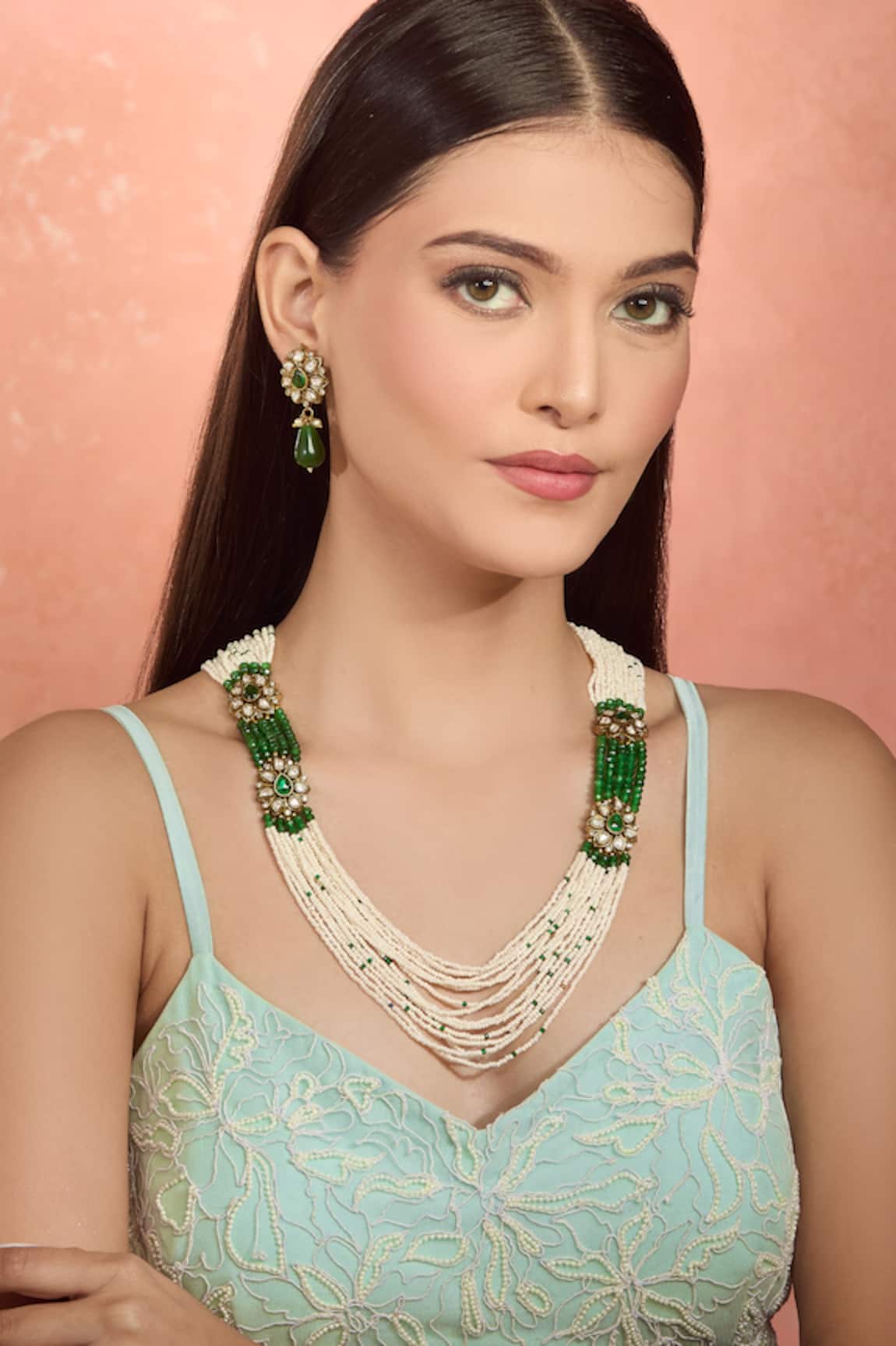 Moh-Maya by Disha Khatri Emerald Moissanite Layered Necklace Set 