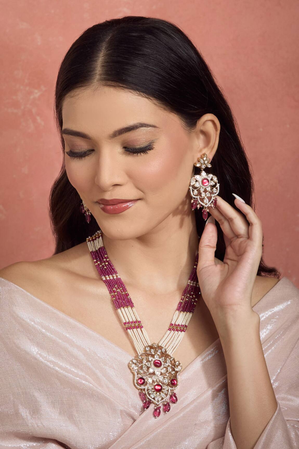 Moh-Maya By Disha Khatri Gold Plated Pearl & Ruby Necklace Set 