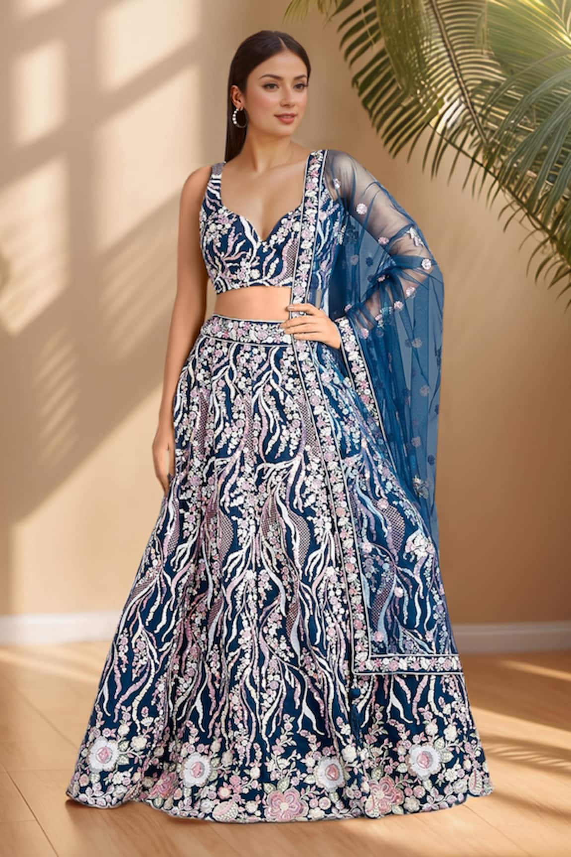 Samyukta Singhania Navy Blue Floral Vine Embroidered Lehenga Set 