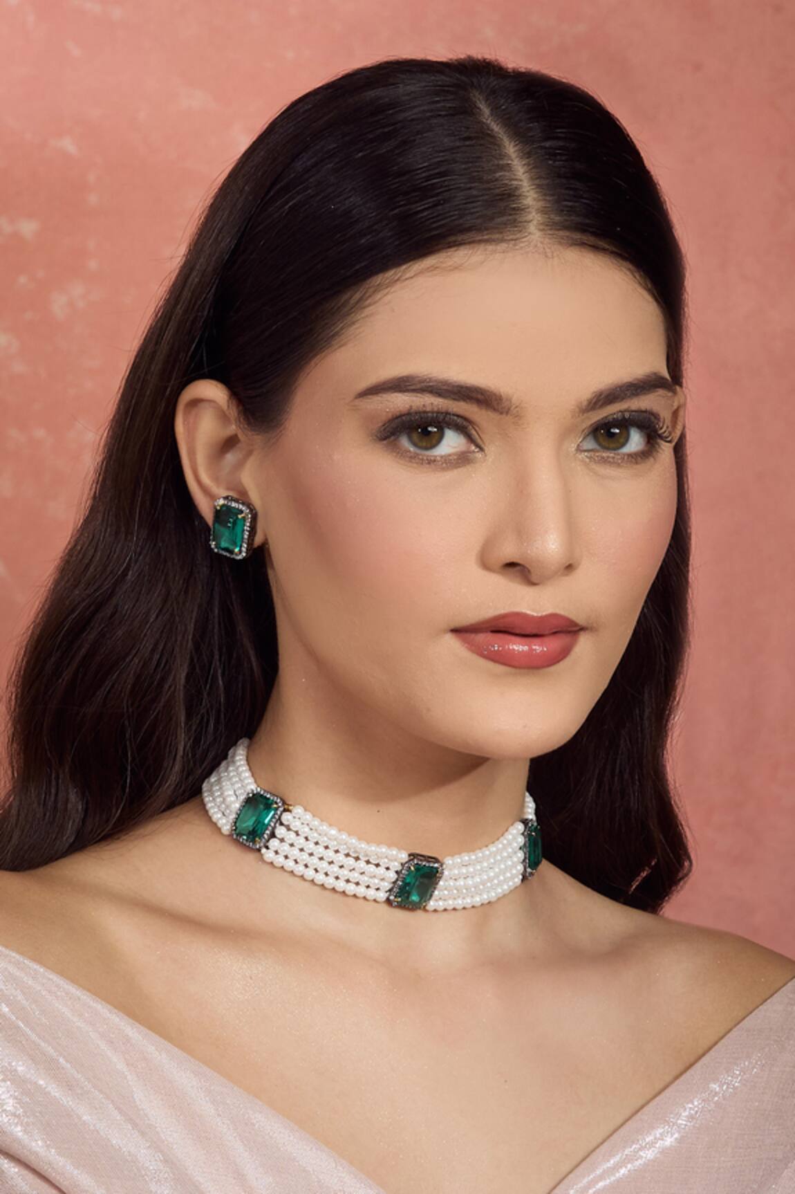 Moh-Maya By Disha Khatri Emerald Stone Pearl Choker & Earring Set