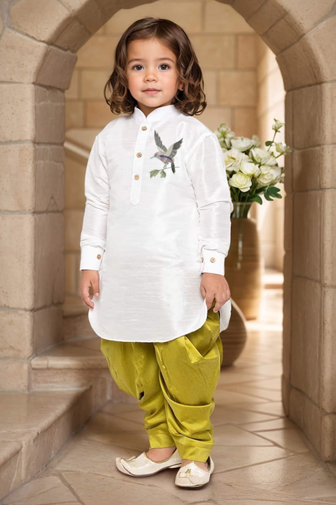 Petite Pomme Bird Embroidered Pathani Kurta Set