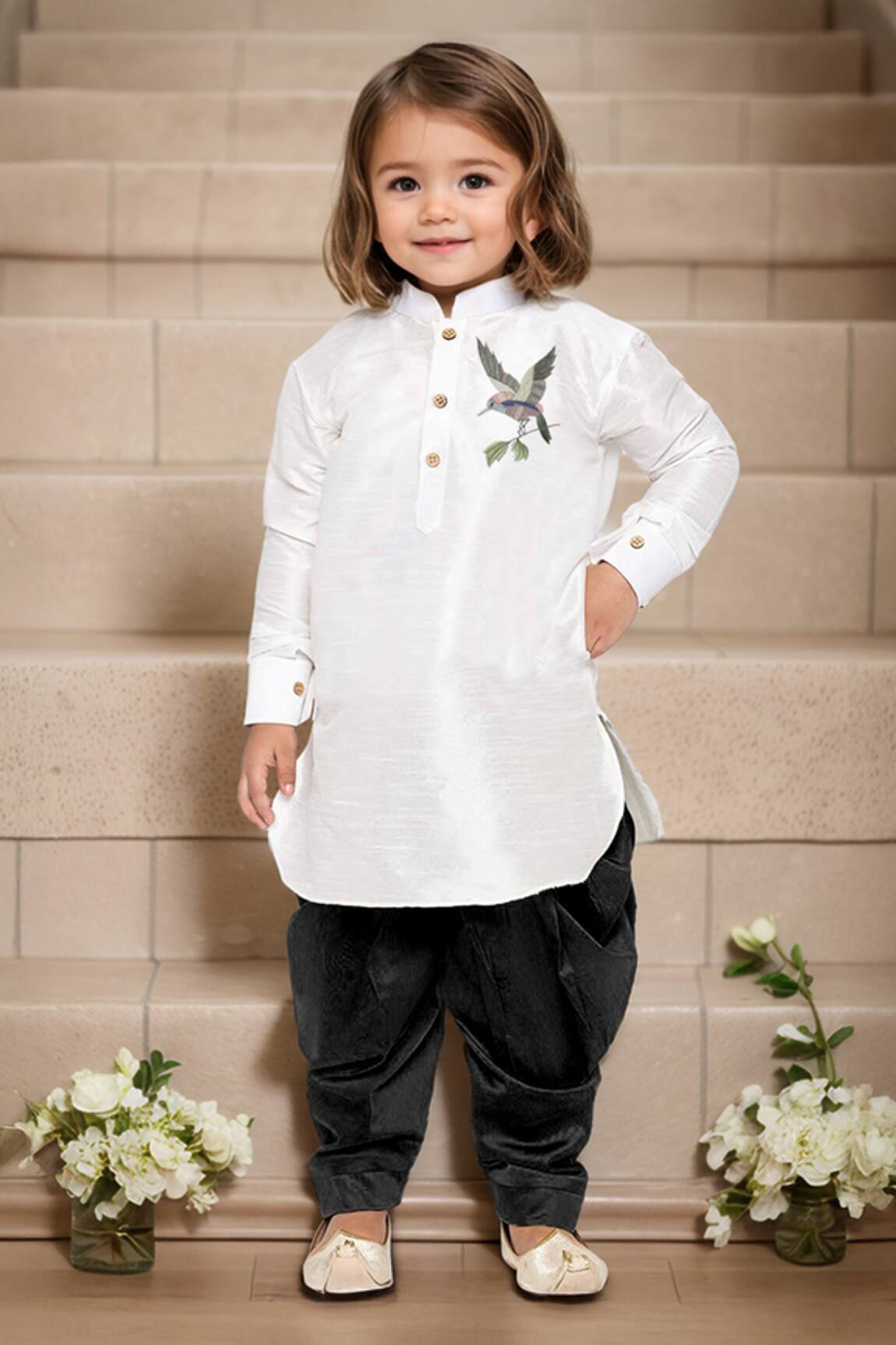 Petite Pomme Placement Bird Embroidered Pathani Kurta Set
