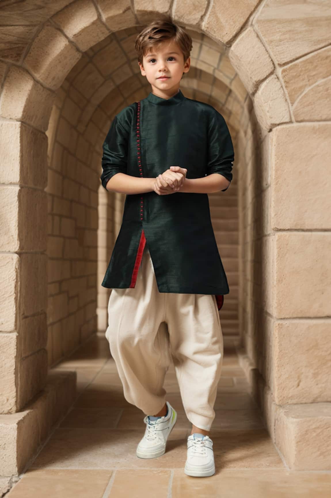 Petite Pomme Bottle Green Angarkha Kurta Set 