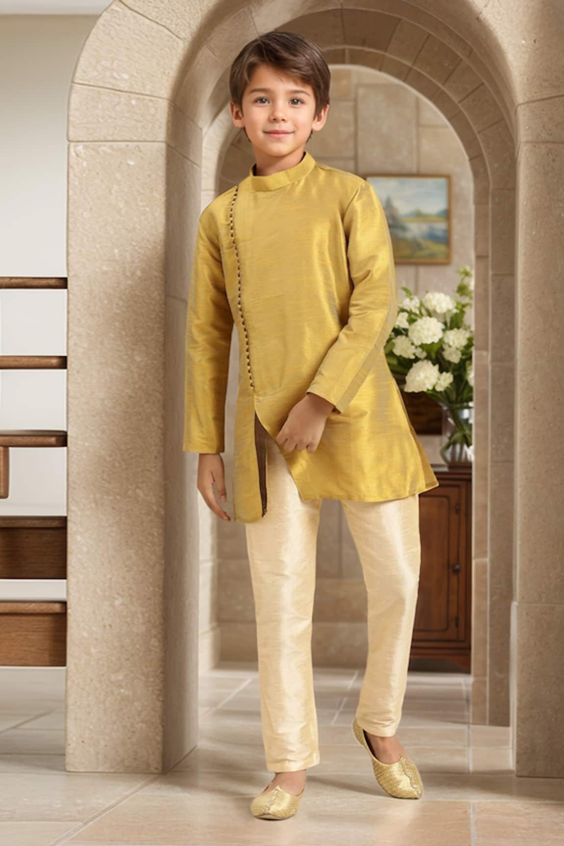 Petite Pomme Gold Angarkha Kurta Set With Pant 