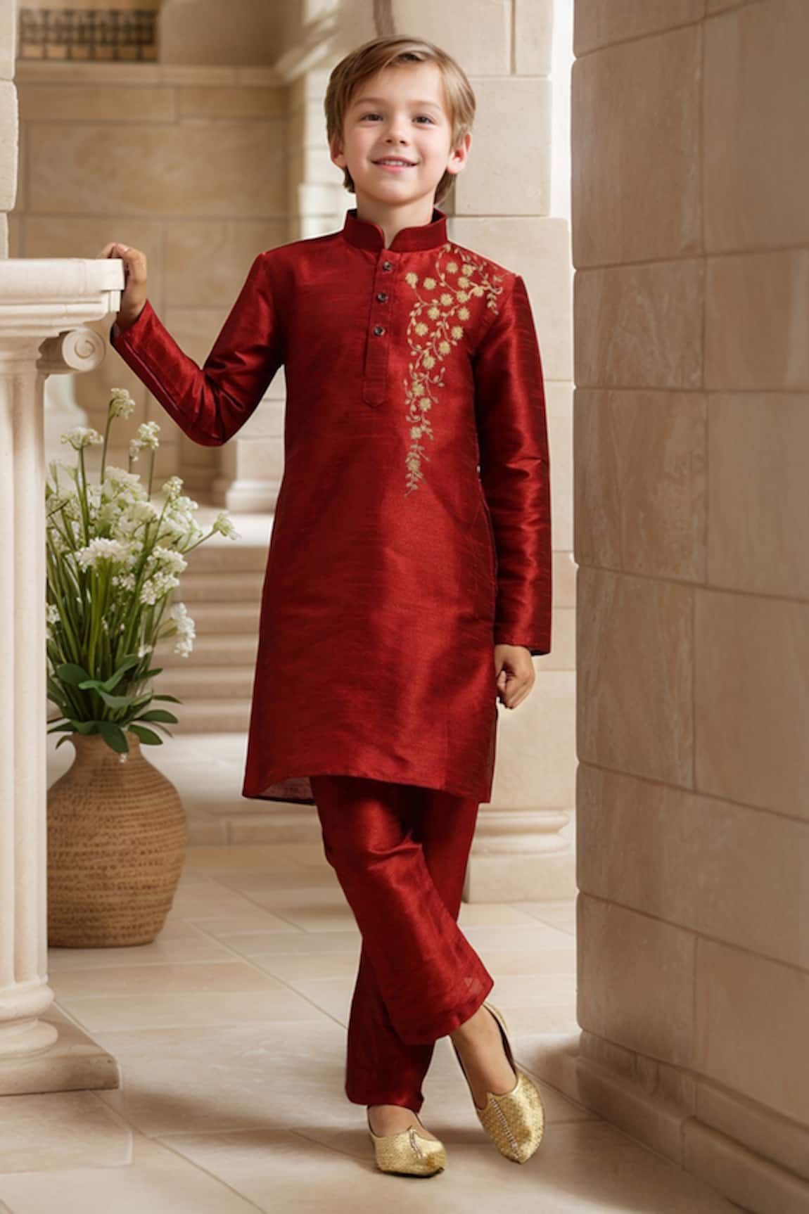 Petite Pomme Maroon Blossom Vine Embroidered Kurta Set 