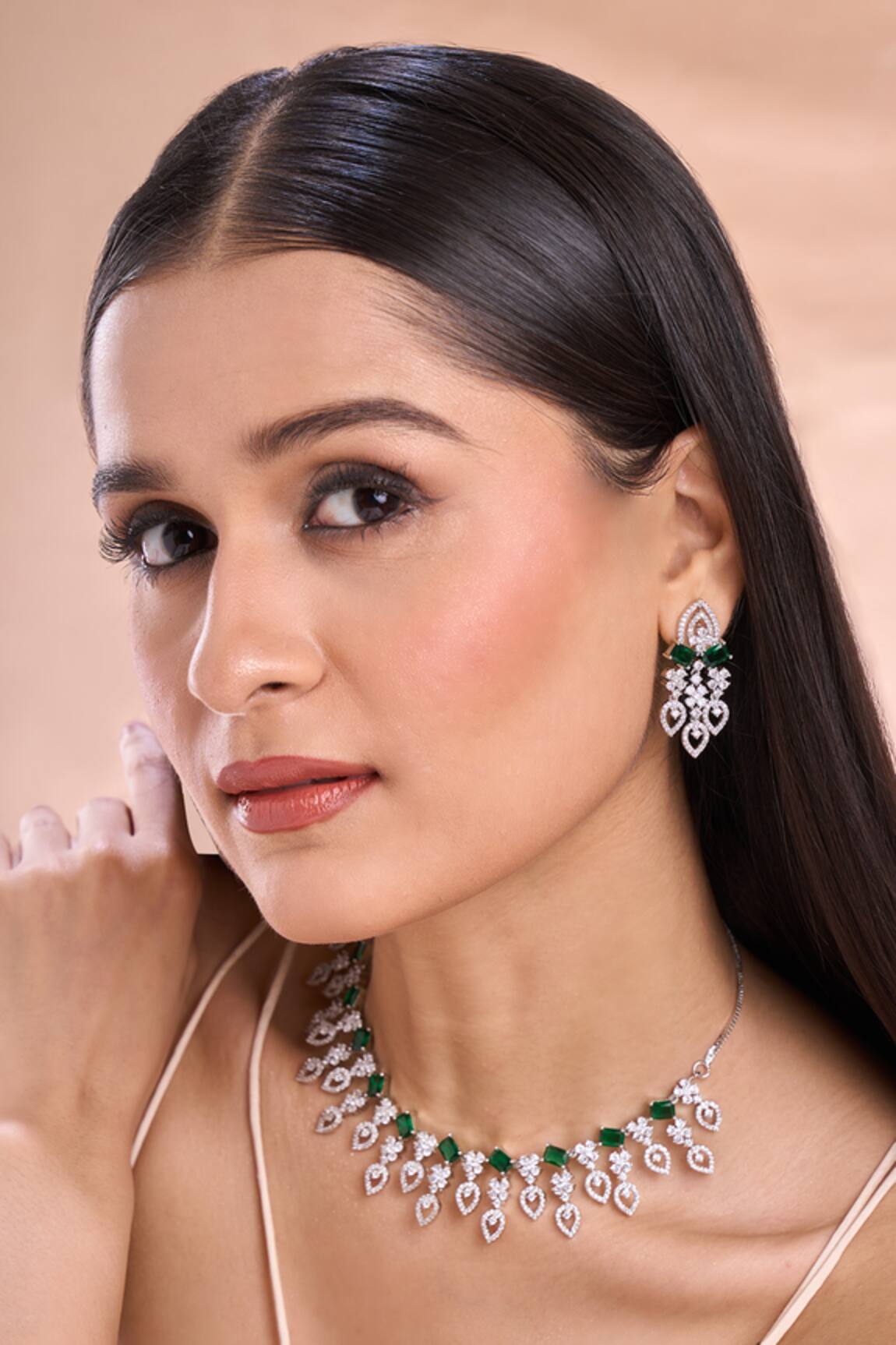 Nazaakat By Samara Singh Green American Diamond Necklace Set 