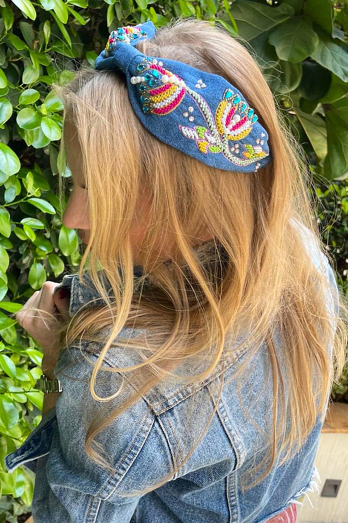 The House Of Aqua Denim Bead & Crystal Embellished Headband
