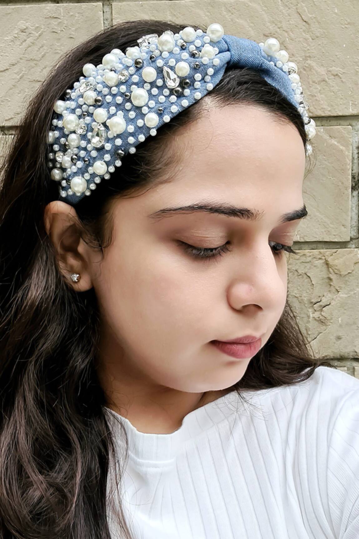 The House Of Aqua Crystal Pearl Denim Blue Headband