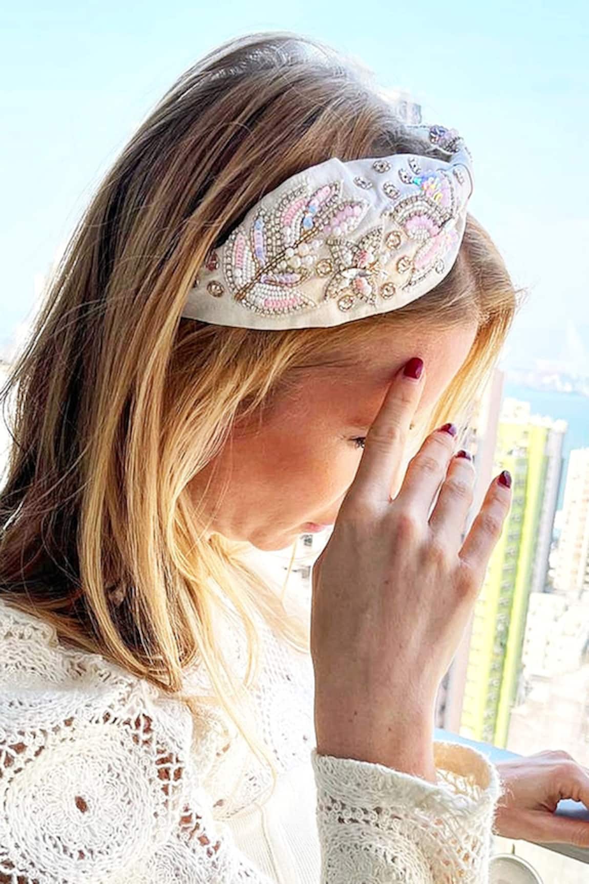 The House of Aqua Bloom Embroidered Off White Headband 