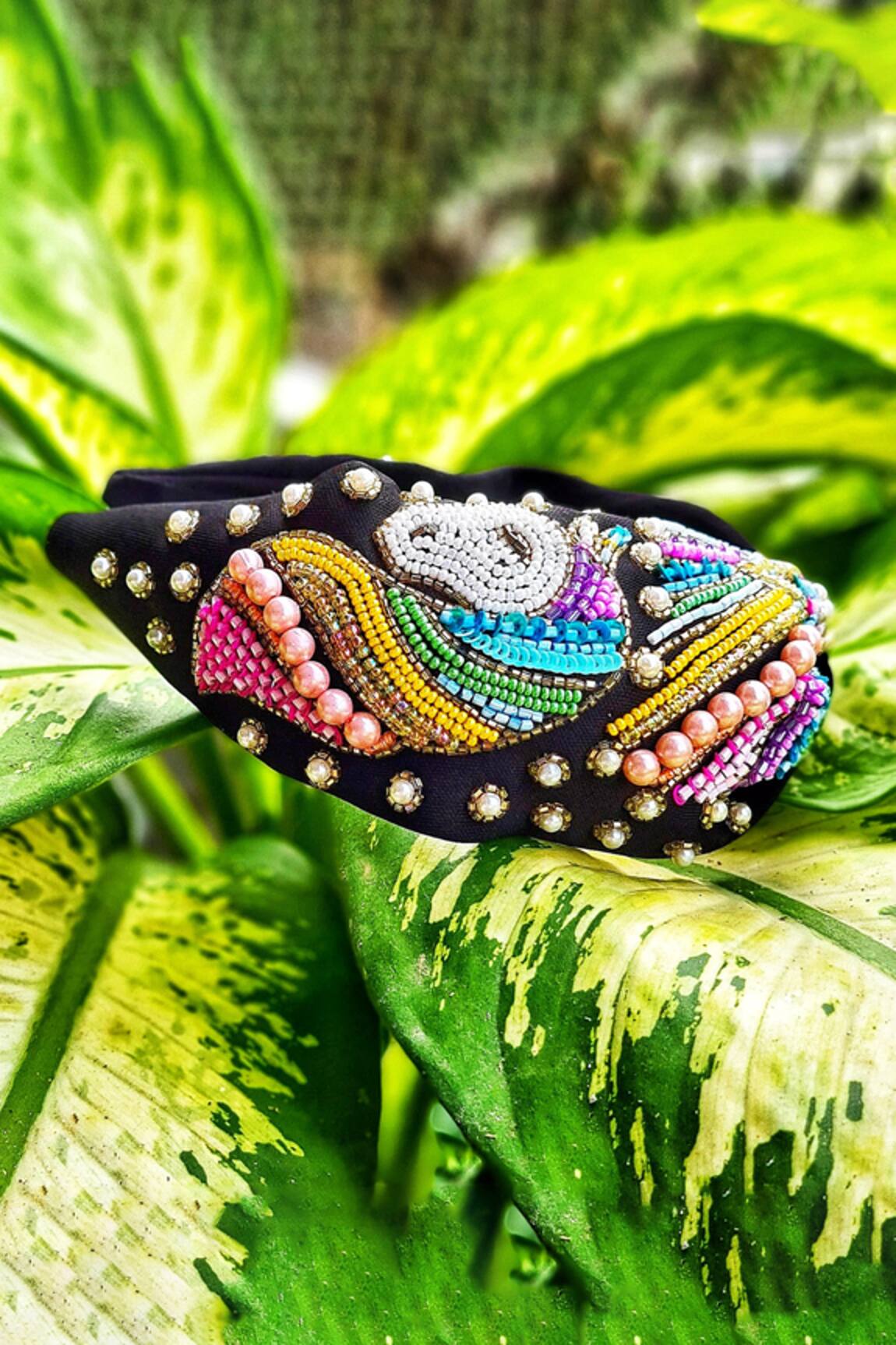 The House of Aqua Unicorn Embroidered Beaded Headband 