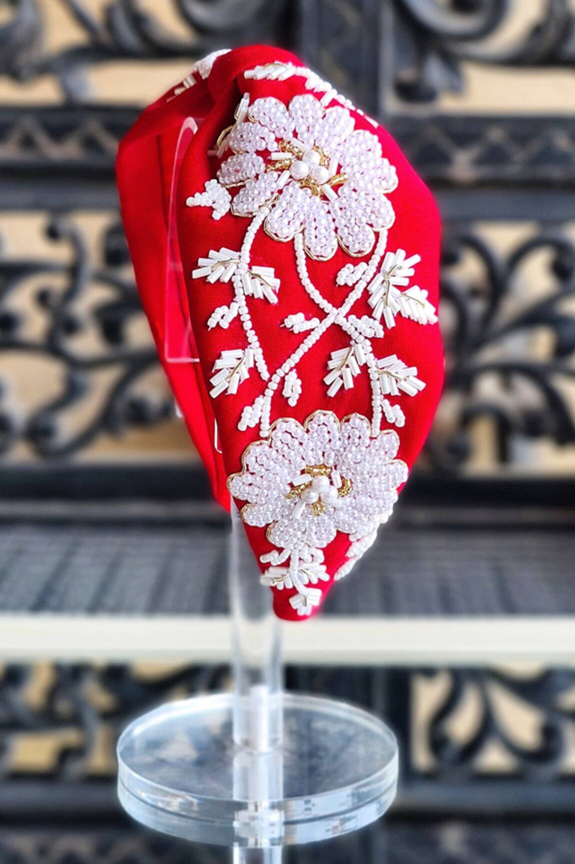 The House of Aqua Blossom Embroidered Red Headband 