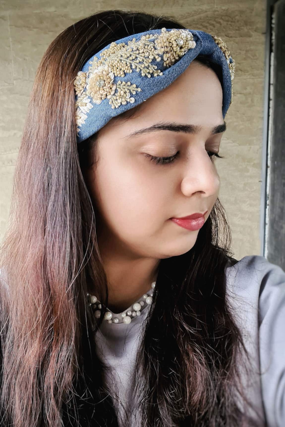 The House of Aqua Floral Embroidered Denim Headband 