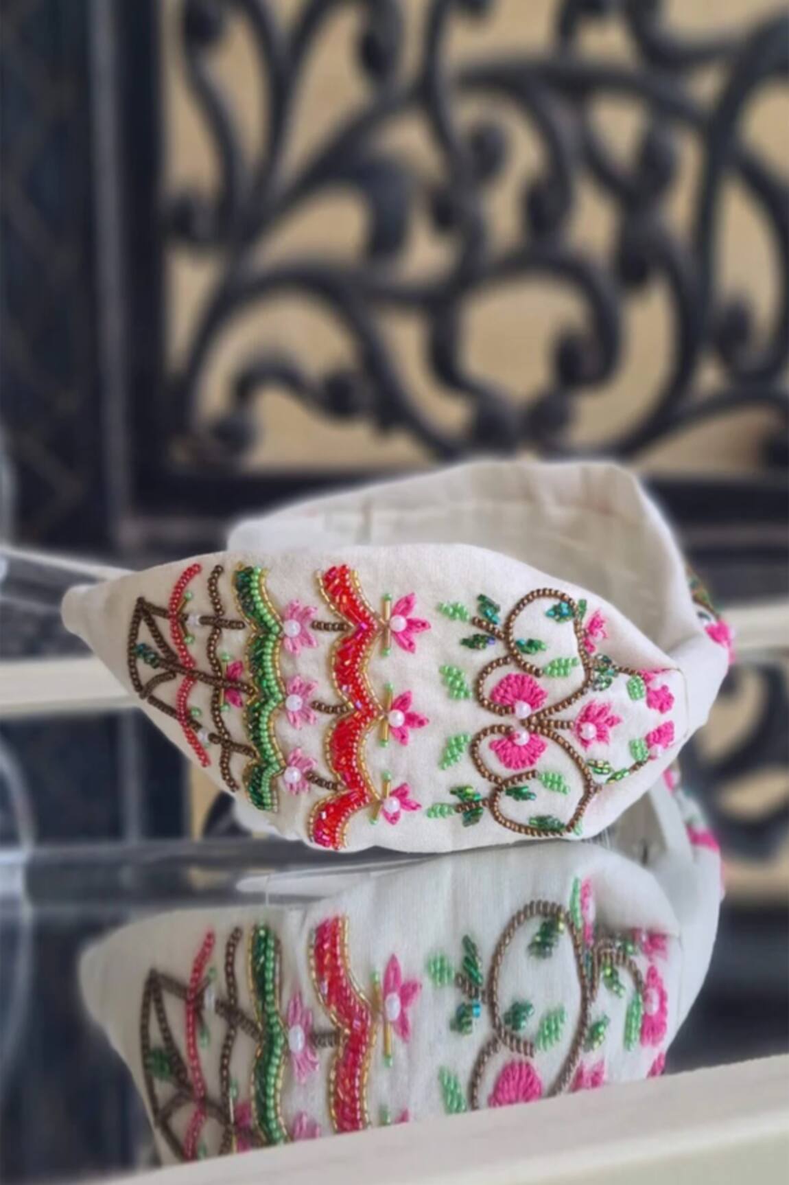 The House of Aqua Flora Embroidered Silk Headband 