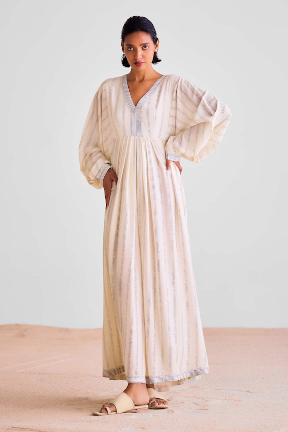 Cotton And Clay Stripe Print Kaftan Dress With Scarf 