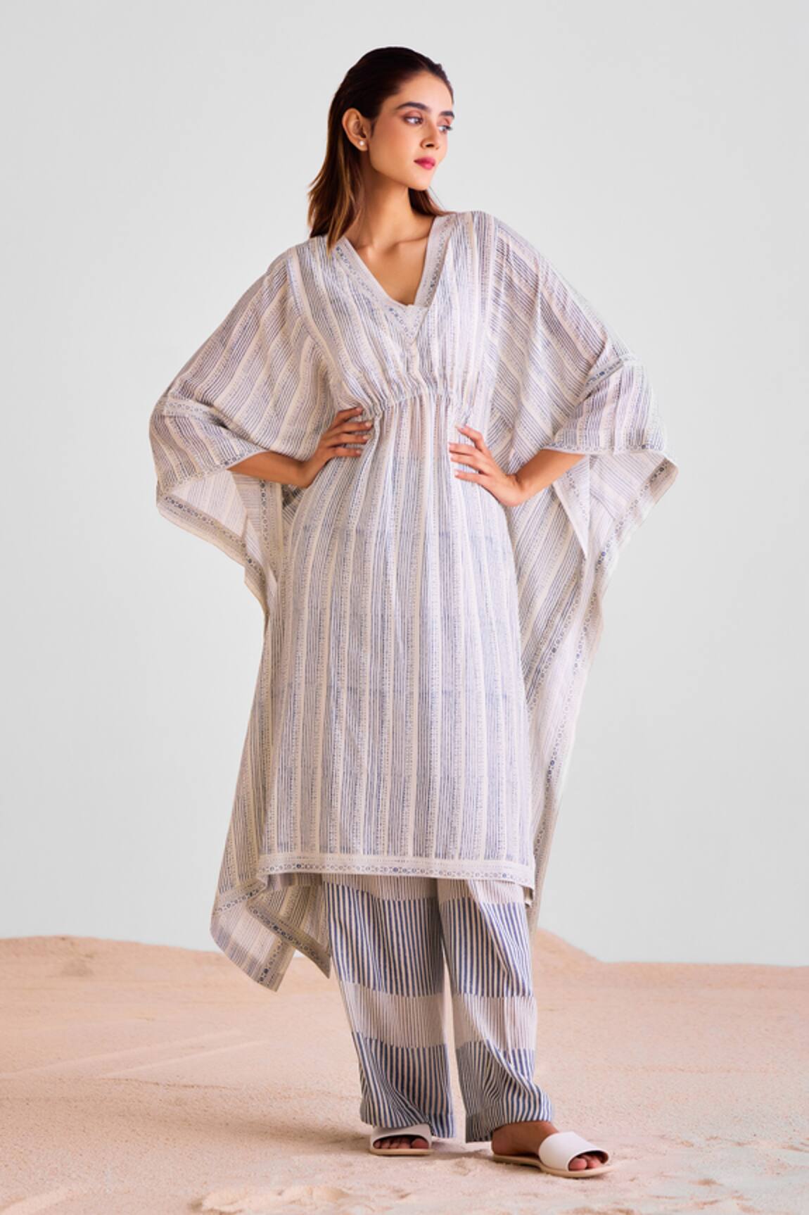 Cotton And Clay Off White Stripe Print Kaftan & Trouser Set