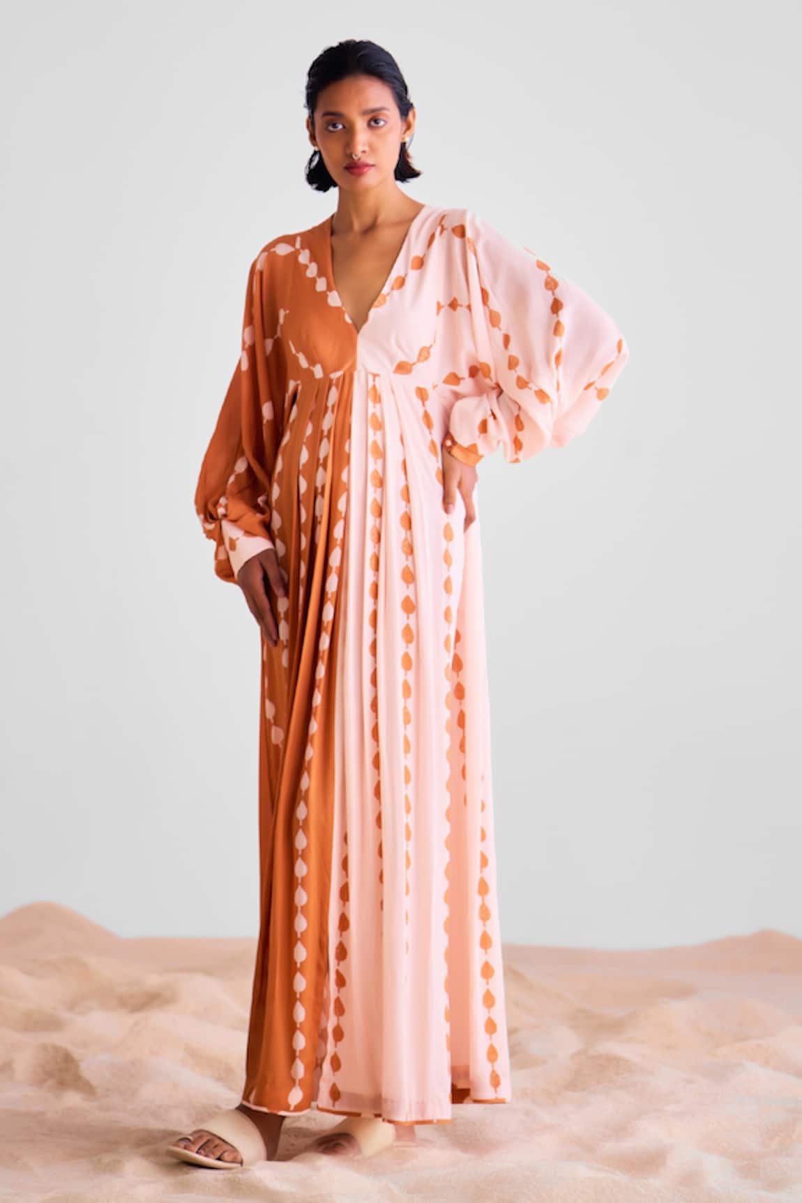 Cotton And Clay Leaf Print Pleated Kaftan Dress 