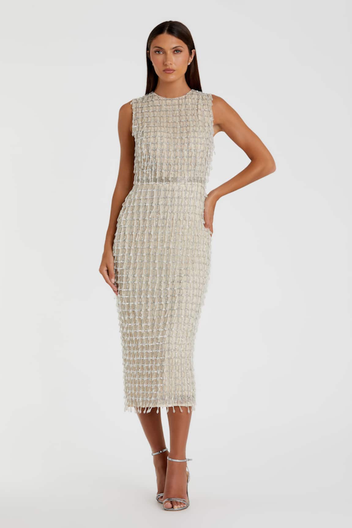 Mac Duggal Silver Chequered Embroidered Midi Dress