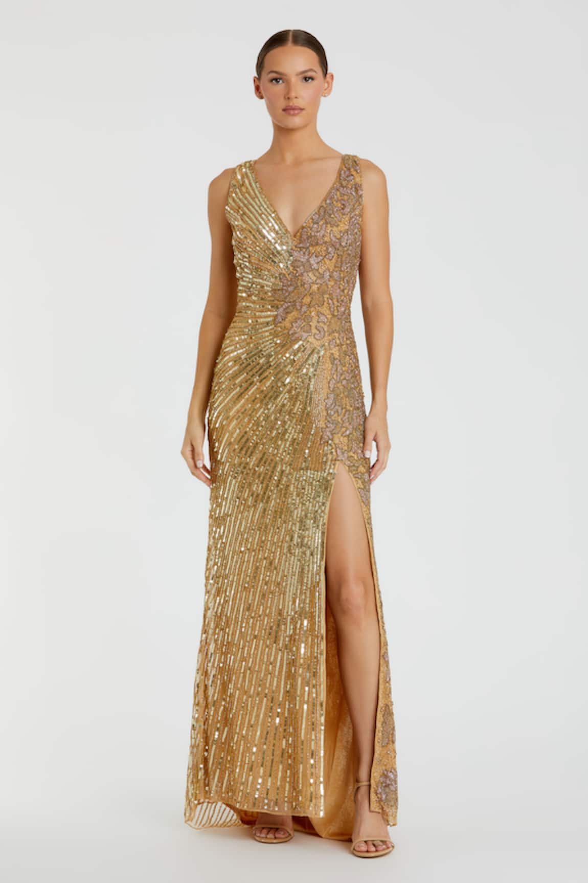 Mac Duggal Gold Floral Geometric Sequined Gown