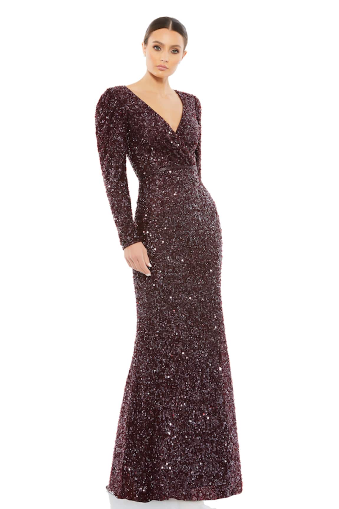Mac Duggal Mahogany Puff Sleeve Sequined Gown 