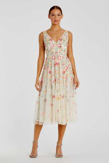 Mac Duggal Floral Sequin Embroidered Midi Dress 