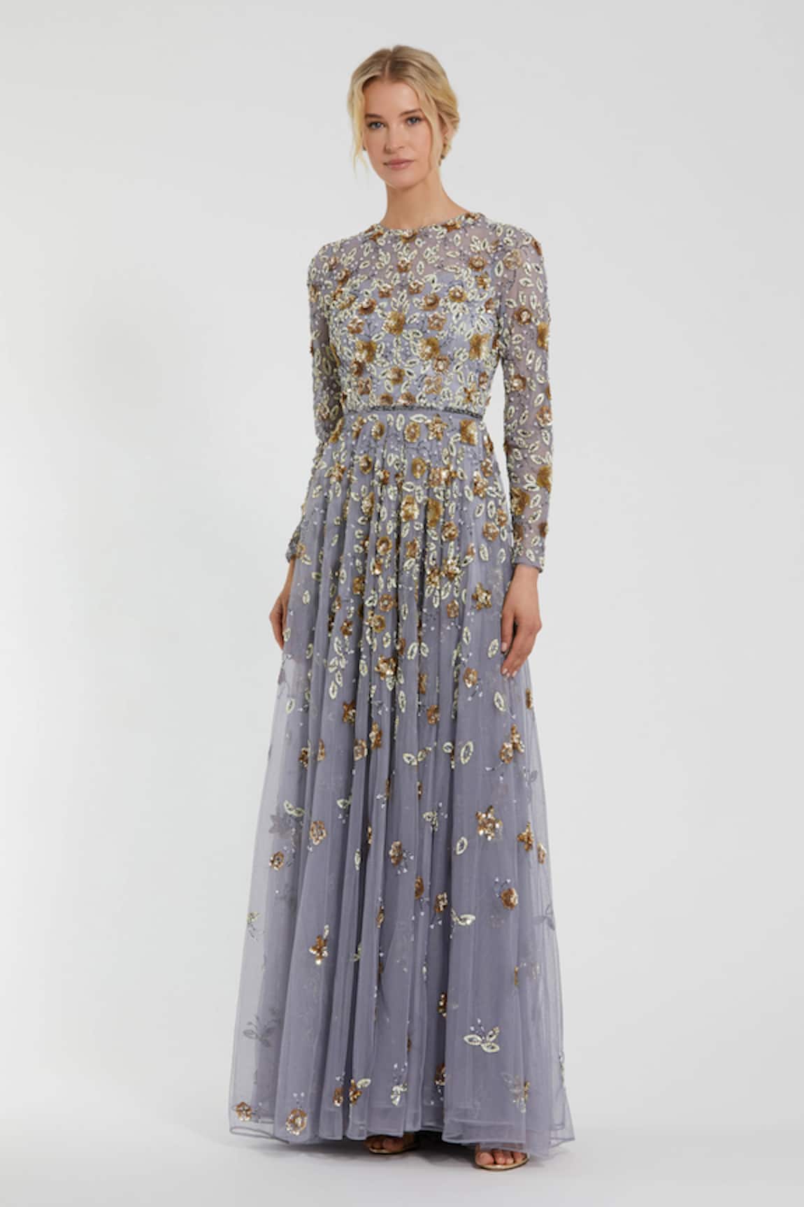 Mac Duggal Floral Embellished Grey Gown 