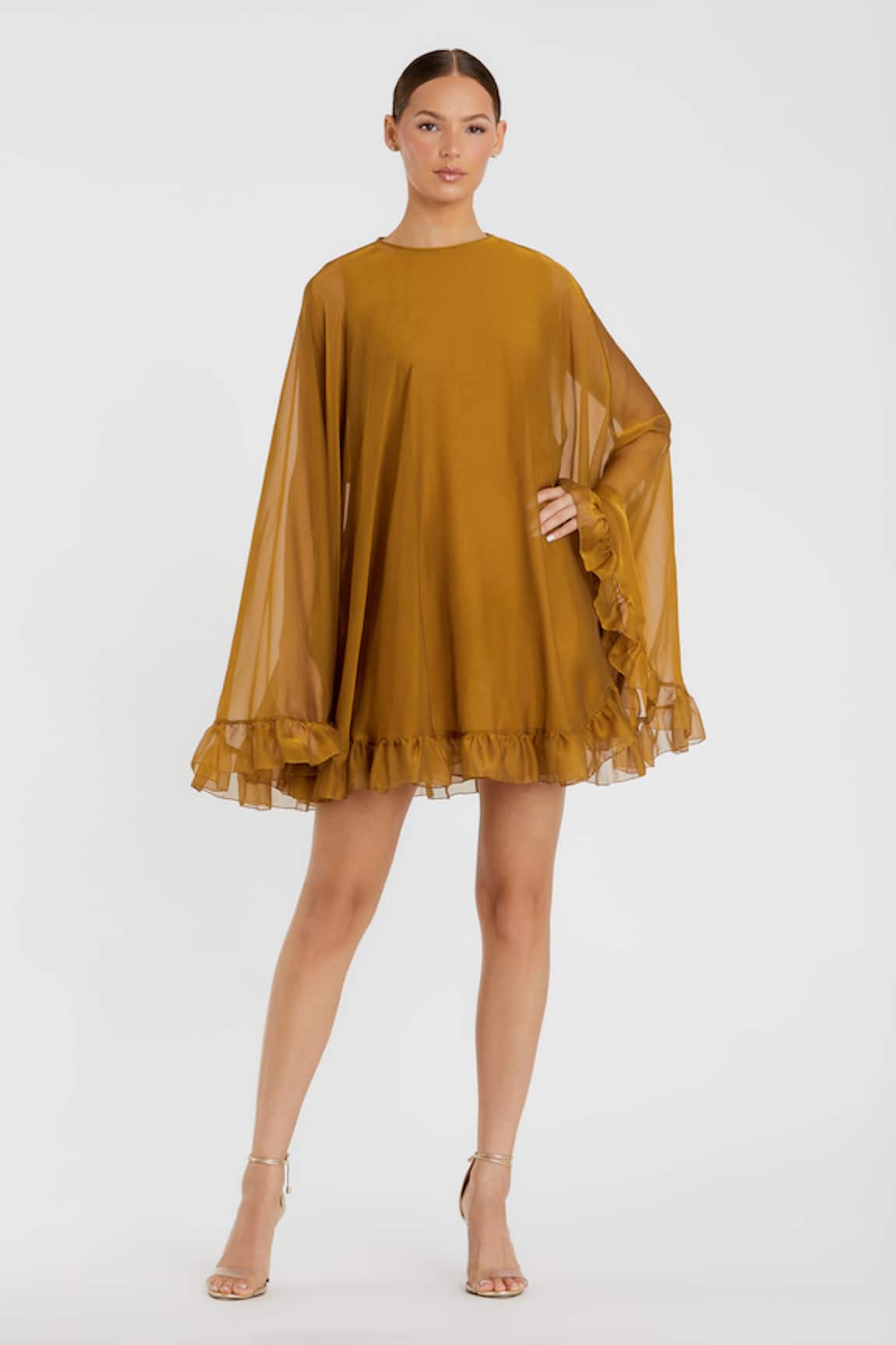 Mac Duggal Antique Gold Ruffled Cape Dress 