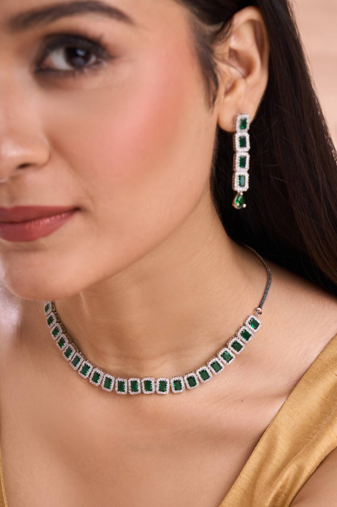 Nazaakat By Samara Singh Green American Diamond Necklace Set 