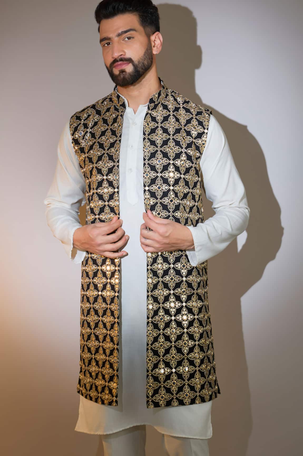 Kasbah Black Mirror & Zari Embroidered Long Bundi 