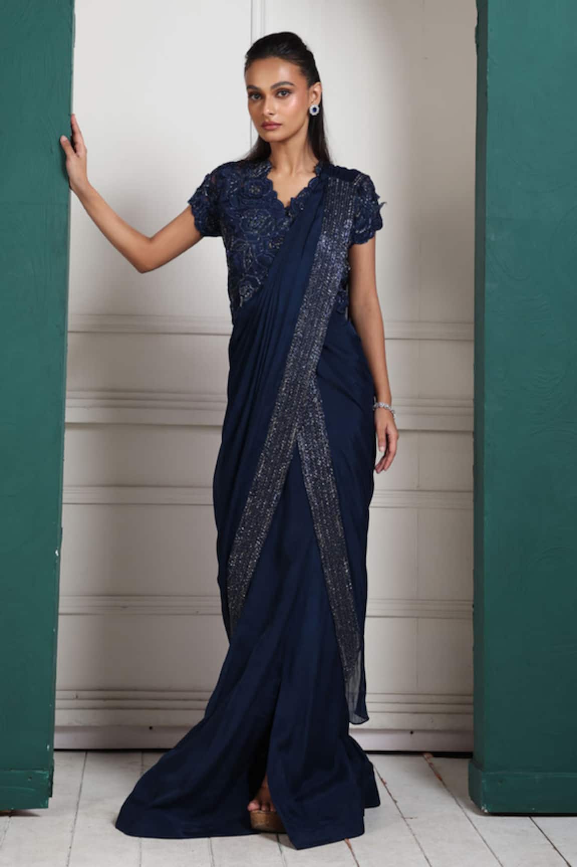 Smriti by Anju Agarwal Blue Pipe Border Embroidered Pre-Draped Saree 